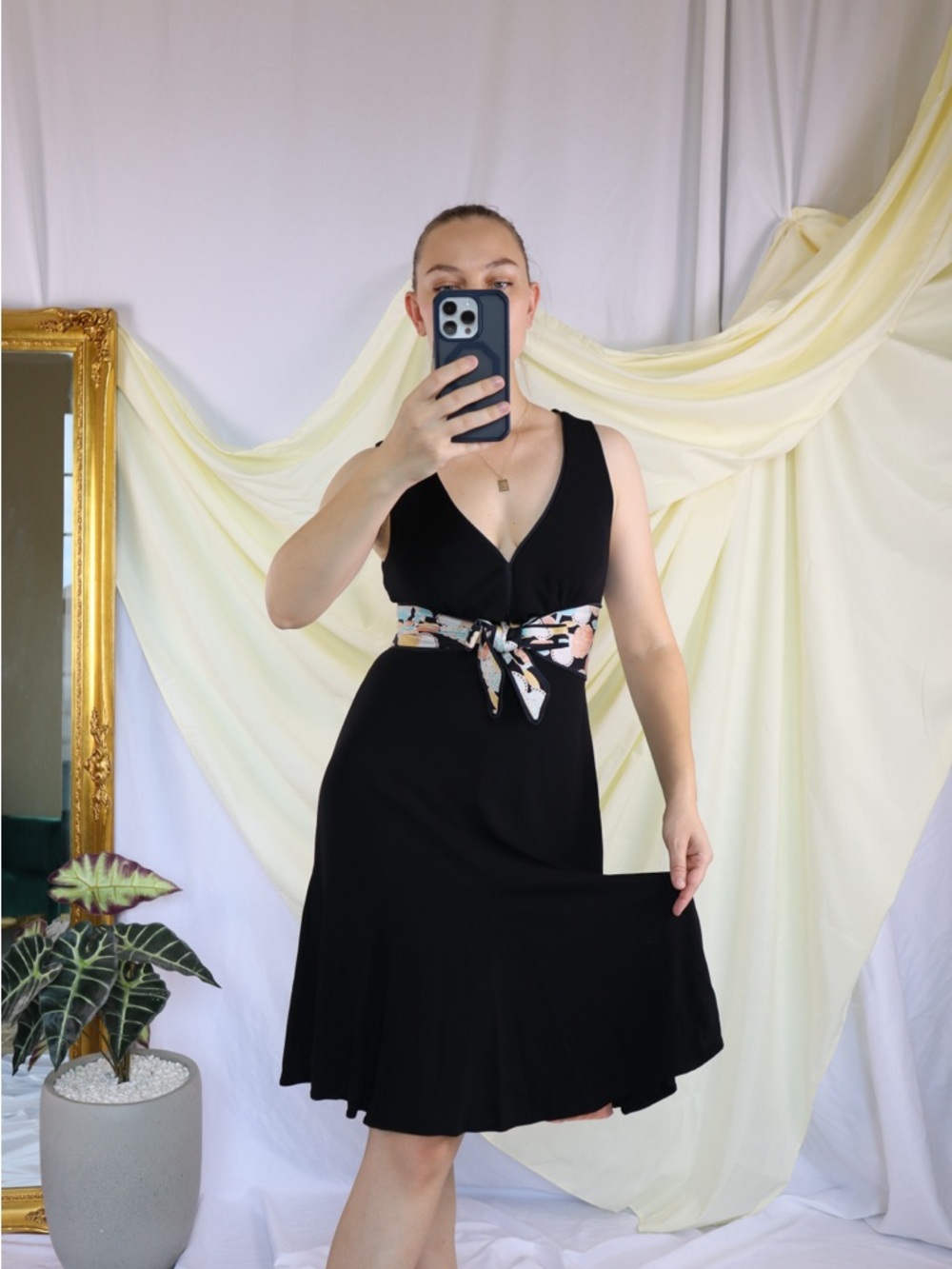 Black V-Neck Dress with Floral Tie Waist